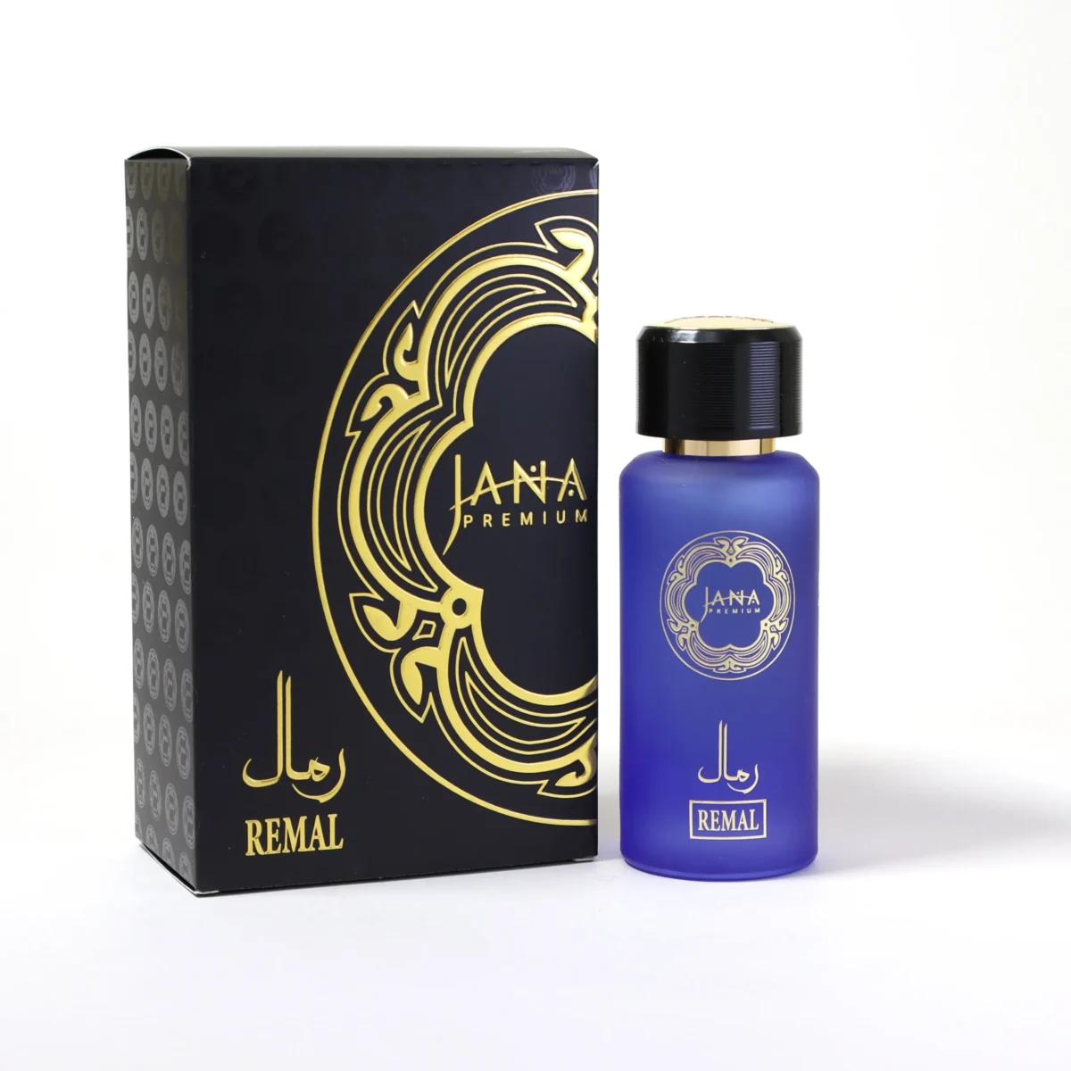JANA PREMIUM REMAL perfume 50ml bottle displayed with Oud wood, Leather, and Red Rose.