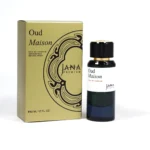 Oud Maison by Jana Premium 50ml unisex perfume bottle on a marble platform with Oud wood, Passionfruit, and Rose details.
