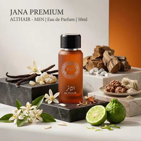 Althair by Jana Premium luxury 50ml men's perfume with Cinnamon, Vanilla, and Woody notes.