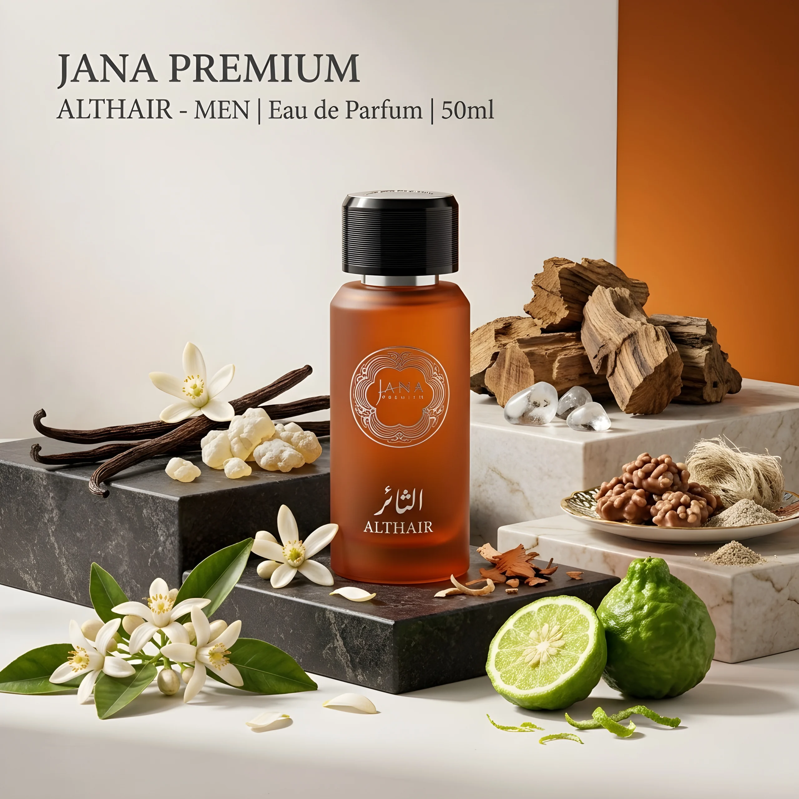 Althair by Jana Premium luxury 50ml men's perfume with Cinnamon, Vanilla, and Woody notes.