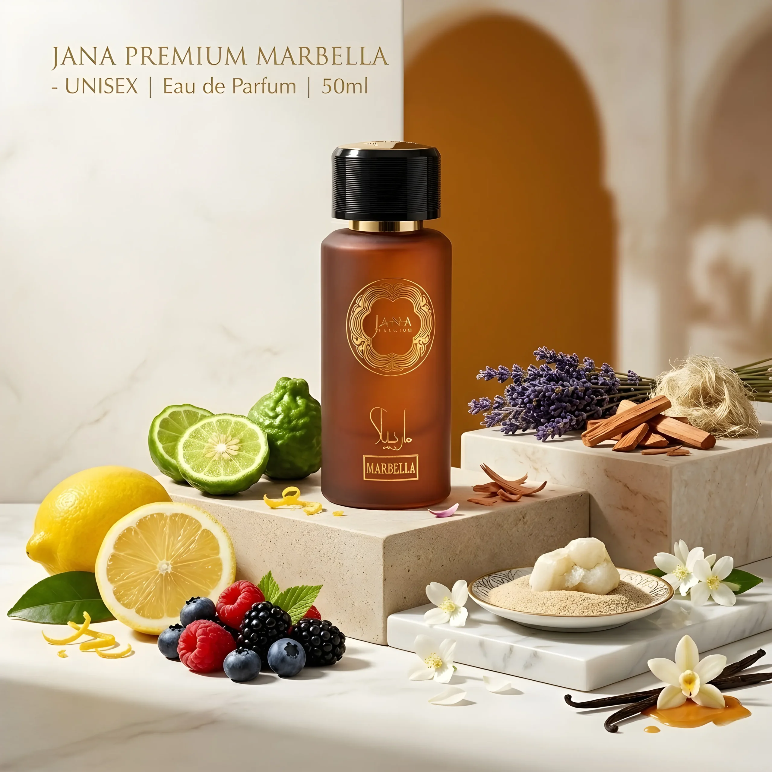 Marbella by Jana Premium luxury 50ml unisex perfume with Lemon, Lavender, and Amber notes.