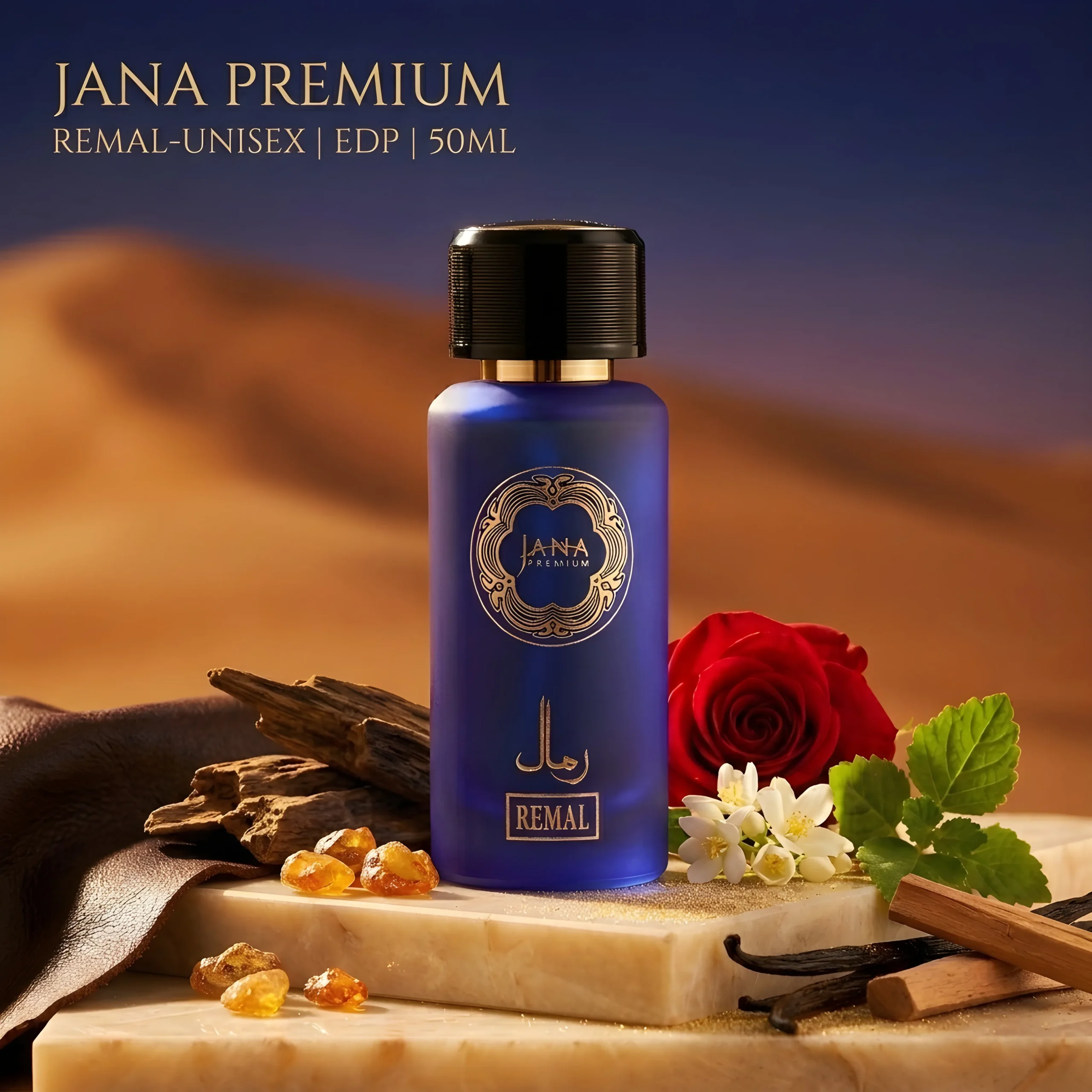 JANA PREMIUM REMAL perfume 50ml bottle displayed with Oud wood, Leather, and Red Rose.