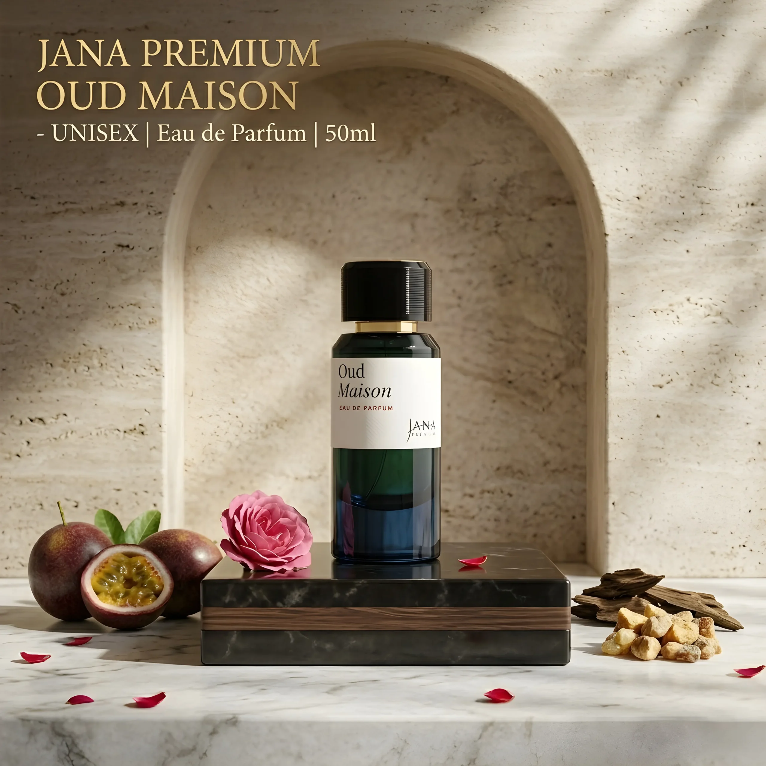Oud Maison by Jana Premium 50ml unisex perfume bottle on a marble platform with Oud wood, Passionfruit, and Rose details.