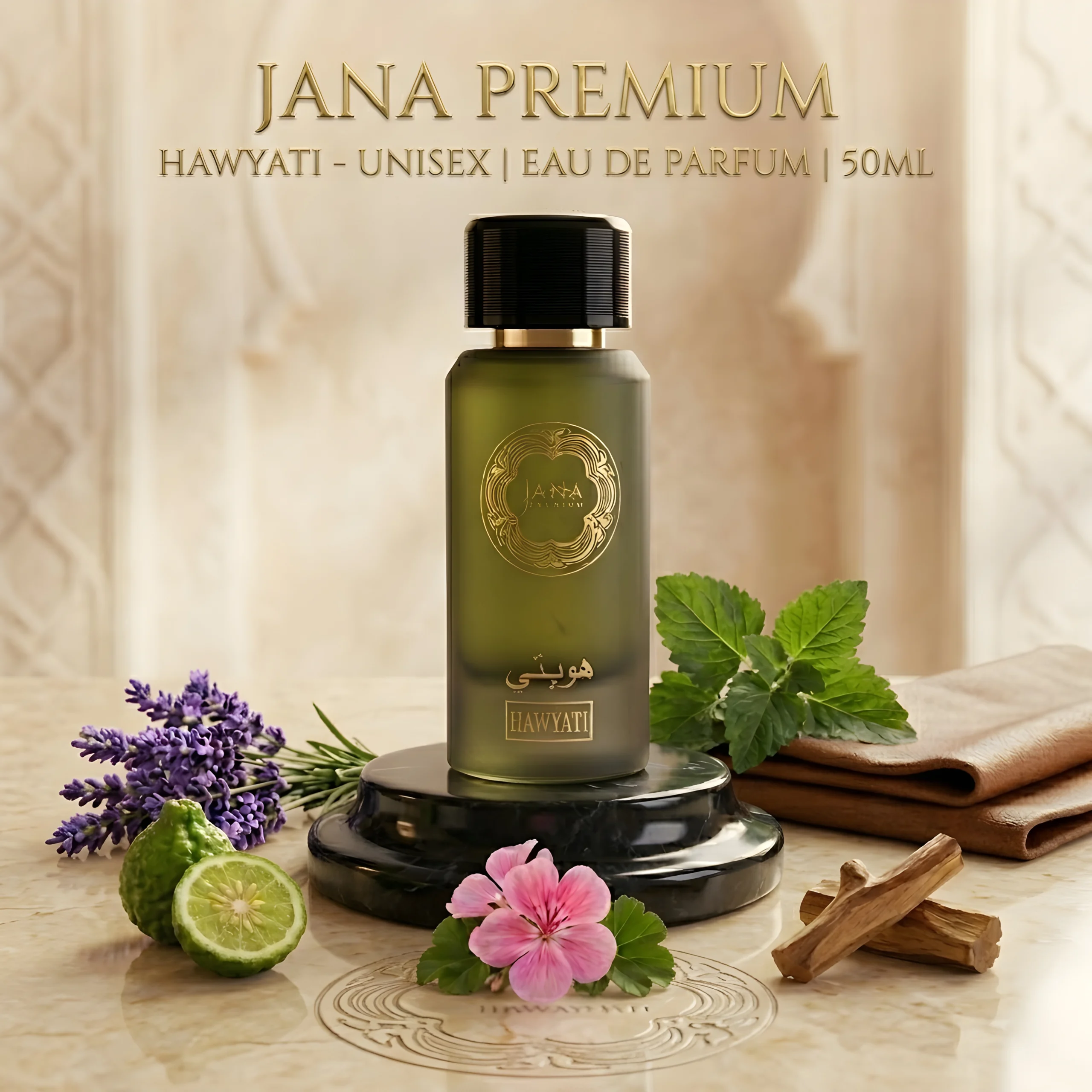 Hawyati perfume 50ml bottle by Jana Premium with lavender, bergamot, and leather textures on a marble base.