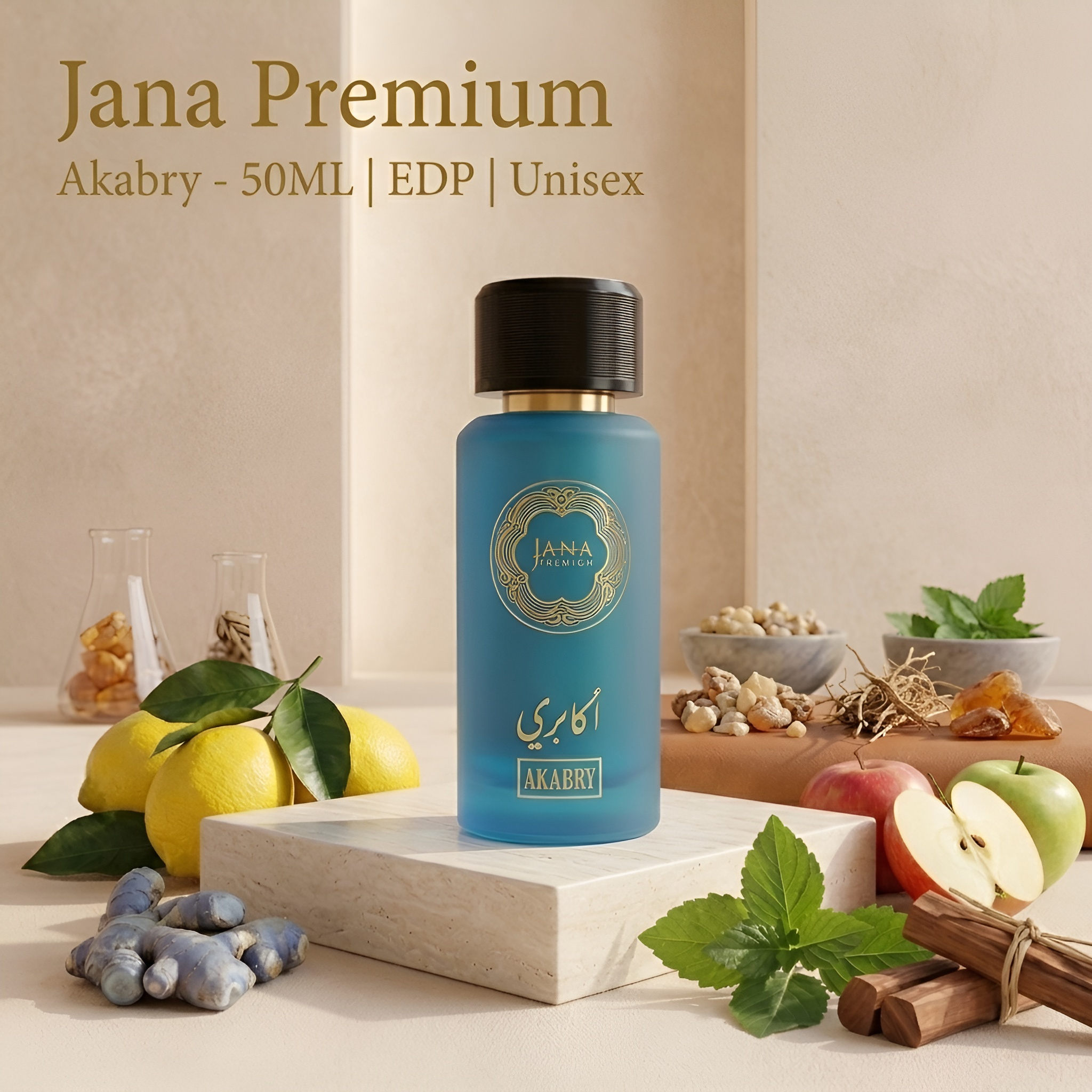 Akabry perfume 50ml blue bottle by Jana Premium with Sorrento lemons, ginger, and amber.