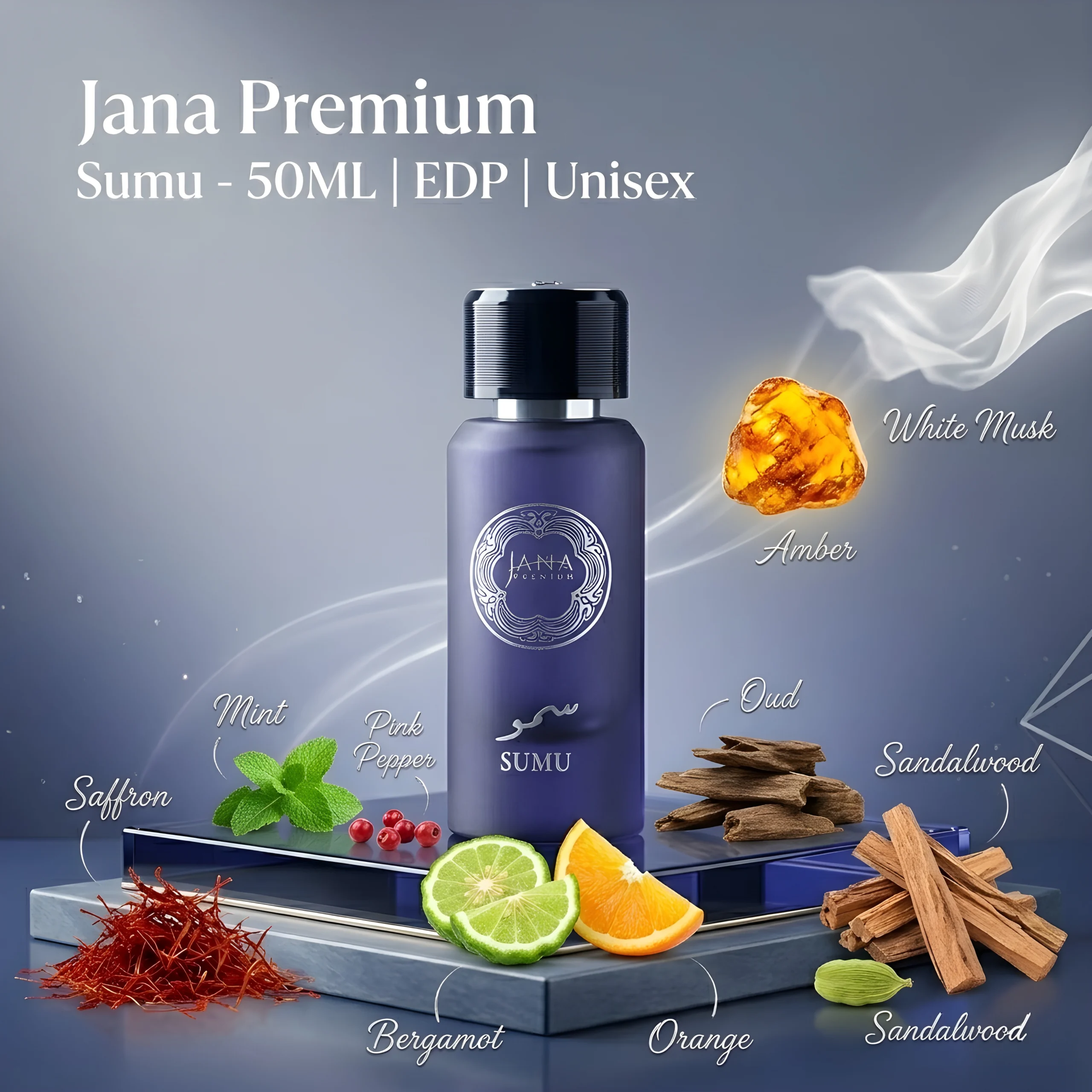 Sumu perfume 50ml purple bottle by Jana Premium with saffron, sandalwood, and amber