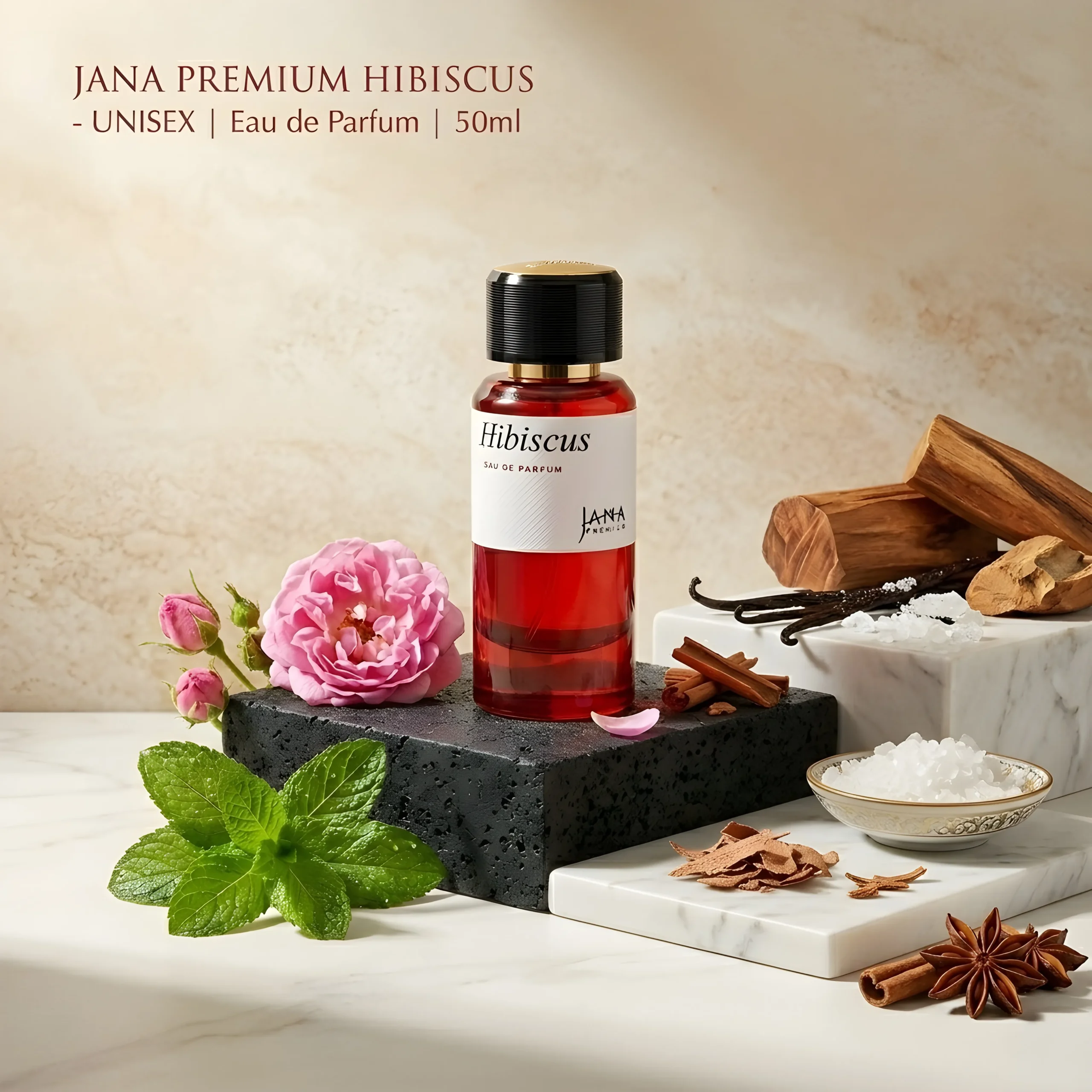 Hibiscus by Jana Premium luxury 50ml unisex perfume with Damask Rose, Spearmint, and Leather notes.