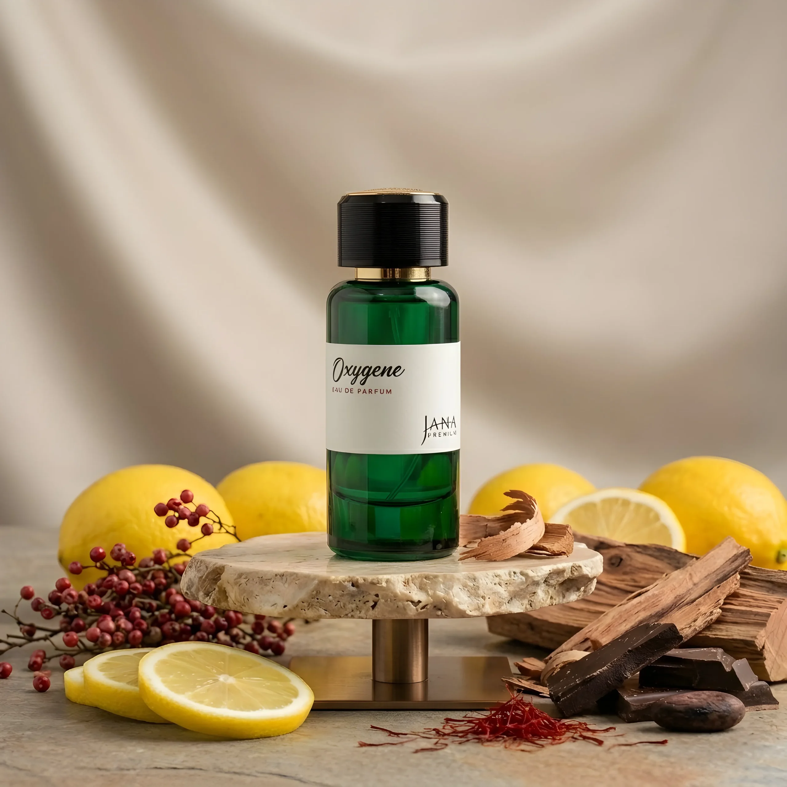 Jana Premium Oxygene 50ml perfume bottle displayed with fresh lemon, pink pepper, and cedarwood elements.